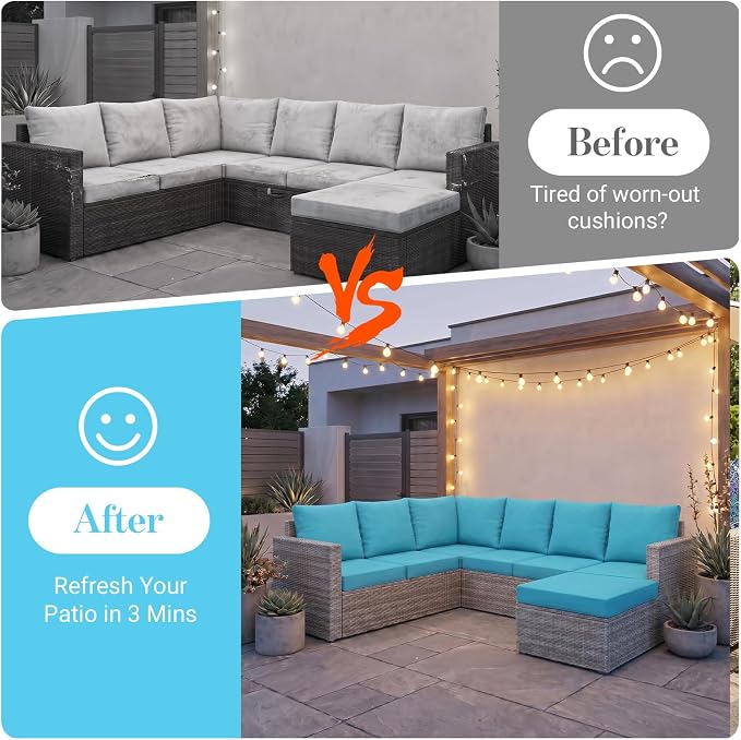 pickyNproud 14Pcs Patio Cushion Covers Stretch Outdoor Couch Cushions Slipcovers Replacement Washable Furniture Protector with Elastic Bottom Sofa Chair Seat Cover, Aqua Blue