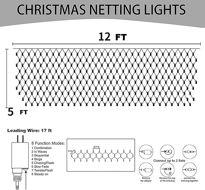 Dazzle Bright Christmas Net Lights, 360 LED 12FT x 5 FT Transparent Wire Waterproof Connectable String Lights with 8 Modes Christmas Outdoor Lights for Bushes Garden Party Holiday Decoration (Green)