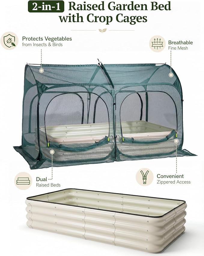PORAYHUT All-in-One Raised Garden Bed and Crop Cage Net Kit, Metal Outdoor Planter Box with Protective Mesh Greenhouse Cover for Backyard Vegetables, Herbs, Flowers (5.25 * 2.6FT Raised Bed &NET)