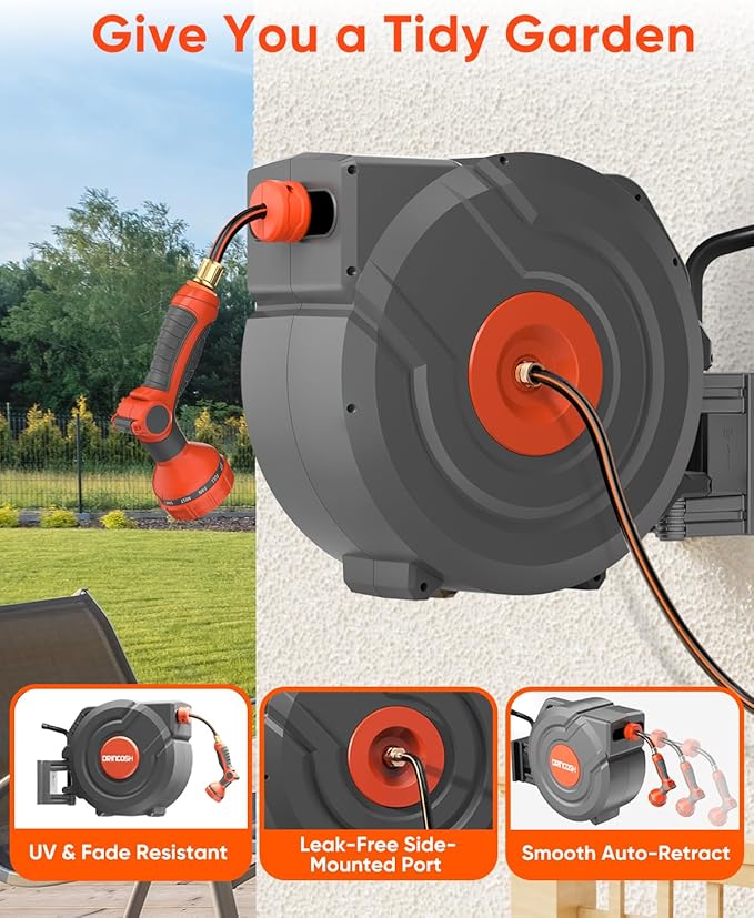 Retractable Garden Hose 155 ft x 1/2 inch Heavy Duty Wall-Mounted Hose Reels 180° Swivel Automatic Slow Return Any Length Lock 9 Pattern Nozzle UV Resistant