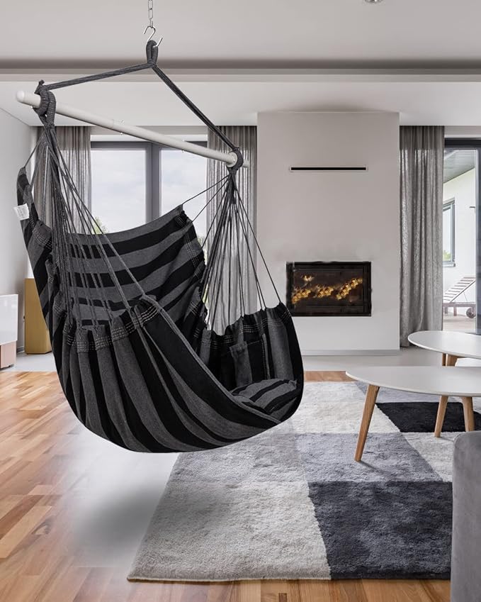 ADVOKAIR Hammock Chair Hanging Chair Swing Large Indoor with Anti-Slip Steel Spread Bar and Pocket-Max 500lbs-2 Cushions, Perfect for Bedroom,Outdoor,Patio, Porch,Backyard