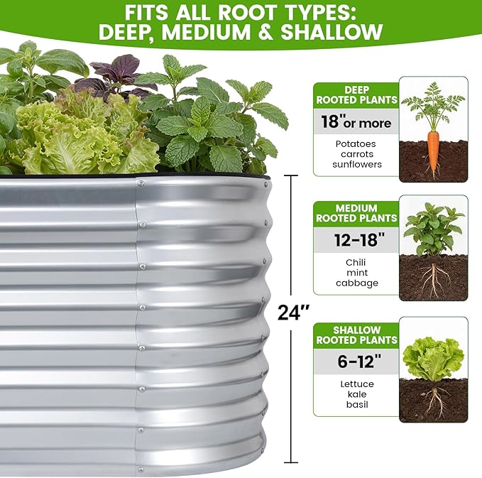 Galvanized Raised Garden Bed Outdoor 24'' Deep | Oval Metal Garden Beds with Easy Assembly & Planter Box for Planting Deep Root Vegetables Fruits Flowers, 6x2x2ft Silver