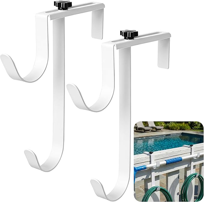 2 Pcs Double Pool Fence Hooks for Pool Equipment, Adjustable Pool Pole Hanger Holder, Rustproof Swimming Pools Skimmer Pole Hooks for Hanging Tool, Hose, Leaf Rakes, Nets Pool-Accessories (White)