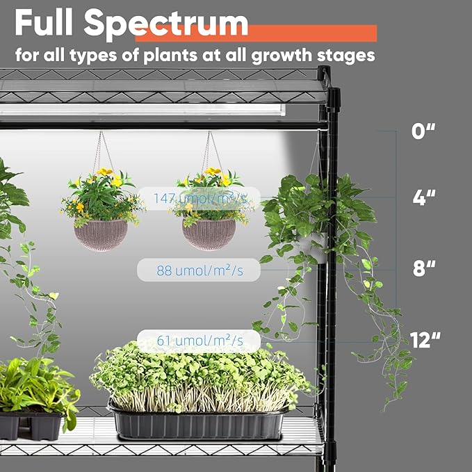 Plant Shelf with Grow Light, 4-Tier Metal Grow Light Shelf with Hanging Rod and Adjustable Rack,3-Pack 6000K T12 LED Full Spectrum Grow Lights for Seed Starting, Succulents, Built-in Timer