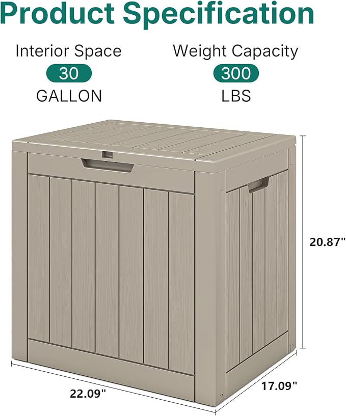 Skepphlay 30 Gallon Deck Box Outdoor Waterproof, Outdoor Storage Box Lockable, Resin Storage Bin for Package Delivery, Garden Tools, Patio Cushions (Beige)