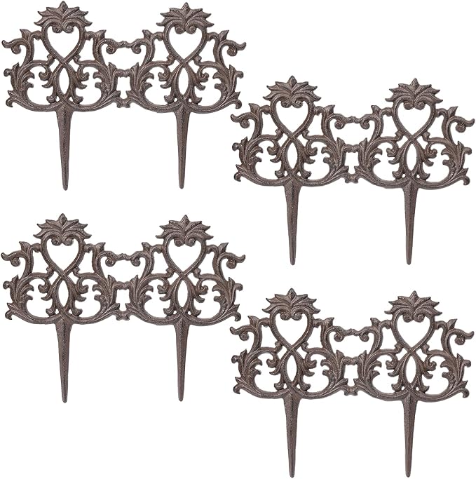 Sungmor Decorative Cast Iron Garden Edging,4 Pack Vintage Garden Border Fence for Lawn, Flower Beds and Patio,Heavy Duty Rustic Ornate Metal Fences,Brown Finish