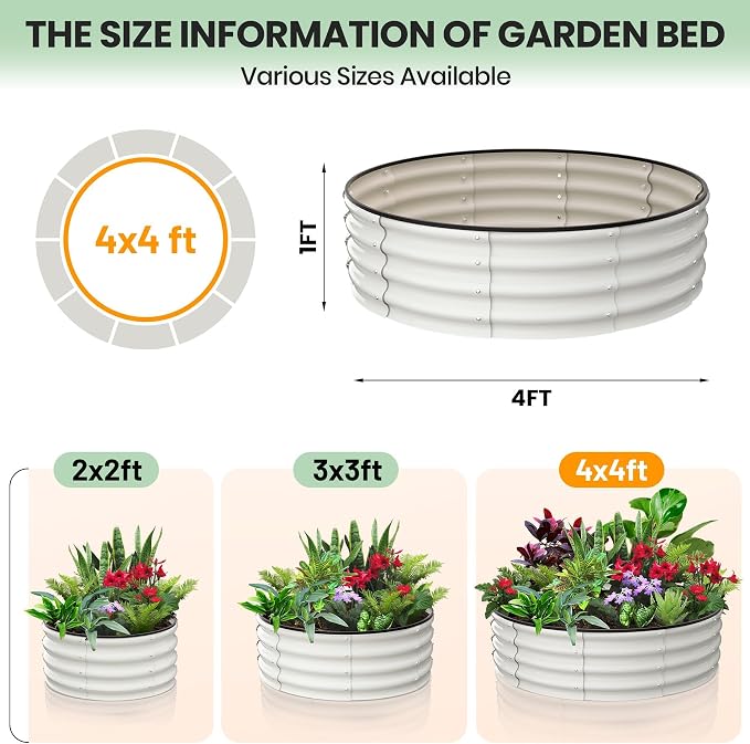 Garvee Galvanized Raised Garden Bed, 2Pcs Raised Garden Beds Outdoor, Round Planter Raised Beds with Gloves and Rubber Edge Trim for Vegetables, Flowers and Herbs, 2x2x1 FT, White