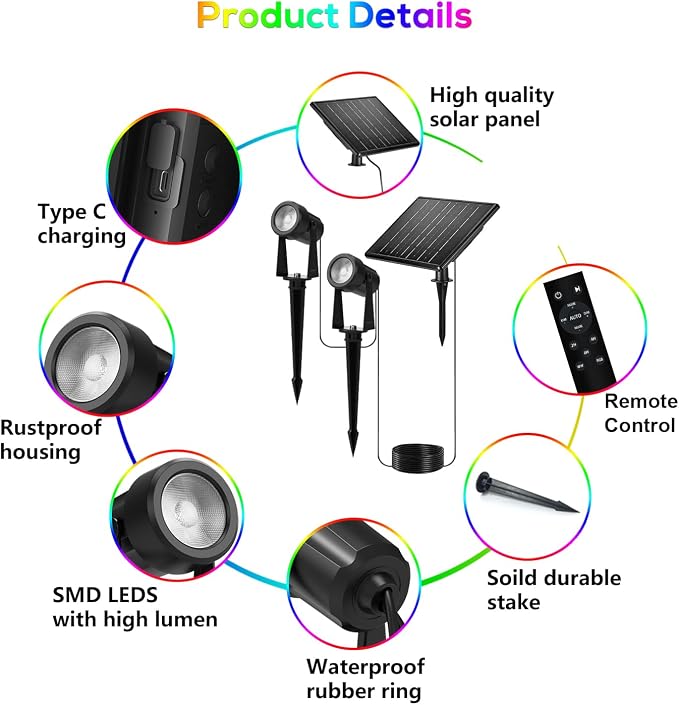ZYAN Solar Color Changing RGB Spotlights with Remote, 12000mAh Separate Monocrystalline Panels & USB-C Powered, Auto On Off, Outdoor IP65 Waterproof for Patio Yard Path (8 Pack)