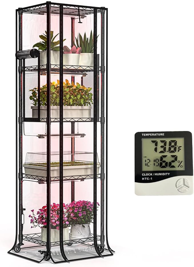 Indoor Greenhouse with Grow Lights, 5 Tier 15.7" L×11.8" W×62.3" H | with 40W Full Spectrum Growing Lamps For Seed Starting ，Grow Light Shelf with Tent，Portable with Wheels，