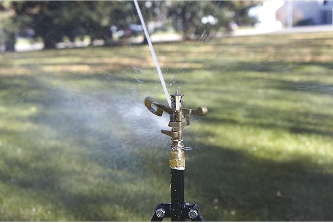 Strongway Tripod Sprinkler with Round Base, 3/4 in. Brass Head with 2 Nozzles, 100 Ft. Diameter Coverage, 7800 Sq. Ft., 6-10 GPM, Adjustable Full and Partial Circle, for Lawn and Garden