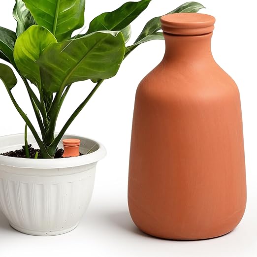 DoubleFill 1 Pcs 50 oz Ollas Terracotta Watering Pots Self Watering Planter Insert Terracotta Globes Clay for Outdoor Indoor Garden Plants, Easy to Refill