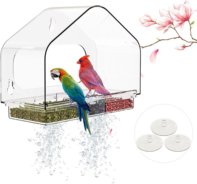 Window Bird Feeder Viewing Box - 10x7 Inches Acrylic Window Bird Feeder with 4 Strong Suction Cups, 3 Compartment Trays, Clear Birdfeeder with Enhanced Grip, Watching Cardinal for Cat