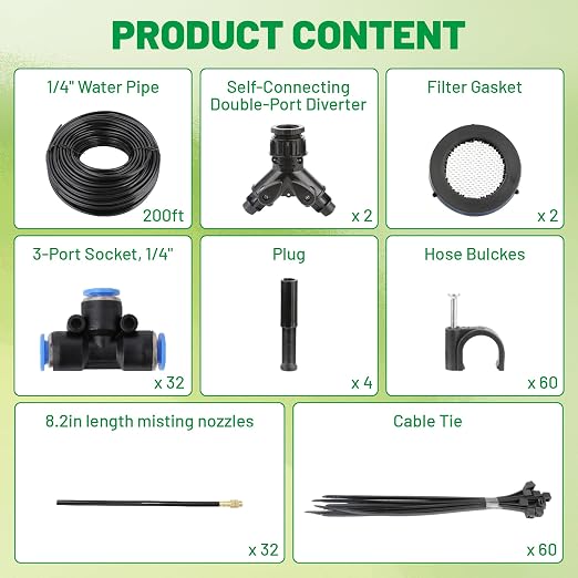 360° Adjustable Micro Drip Irrigation System, 32 Brass Sprinkler Heads & Bendable Stems, Automatic Watering Kit with 1/4" Tubing for Raised Bed, Lawn, Vegetable & Outdoor Plants (200ft)