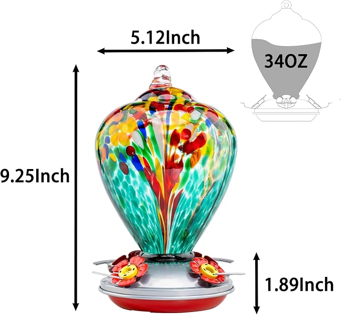 Muse Garden Hummingbird Feeders for Outdoors Hanging, Blown Glass Hummingbird Feeder, Gifts for Mom, Garden Decor for Outside, Unique Gifts Idea for Women, 34 Ounces, Turquoise Fireworks | Muse Garden Hummingbird Feeders for Outdoors Hanging, Blown Gla...