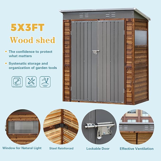 YOPTO 3 x 5 FT Storage Shed with Four Ventilation Vents,Lean to Wood Combination Tool Shed W/Double-Hinged Iron Doors,All Weather Waterproof,for Backyard,Patio,Lawn,Garden,Wood