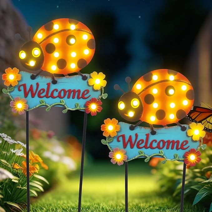 Garden Stakes Decorative 43.3inch with Large Metal Welcome Sign, Solar Pathway Lights Outdoor Waterproof with 18 String Bulbs for Spring and Summer Decor, Ladybug Lawn Ornaments