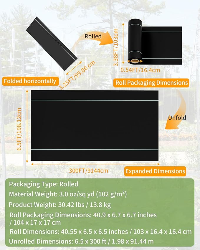 Pterying 6.5ftx300ft Weed Barrier Landscape Fabric Heavy Duty, Premium 3oz Garden Geotextile Fabric, Outdoor Weed Blocker Fabric, for Driveway Mats, Erosion Control, Ground Cover Weed Barrier
