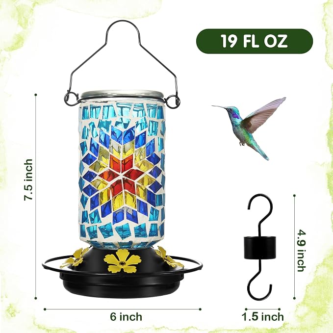 Glass Hummingbird Feeder, Blue Hummingbird Feeders for Outdoors Hanging, 19 Ounces, Mosaic Flower Bottle Easy to Clean, 5 Feeding Ports, Ant Moat Included