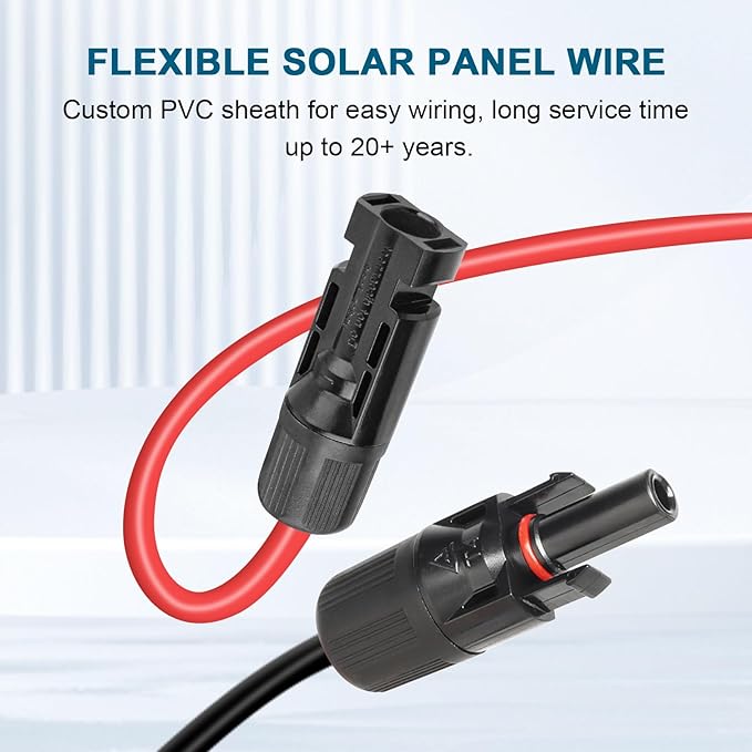 10 AWG Solar Extension Cable 25FT, Flexible Solar Panel Wire with Male to Female Connector Parallel Tinned Copper Wire for Solar Panel, Automotive, RV, Boat, Outdoors