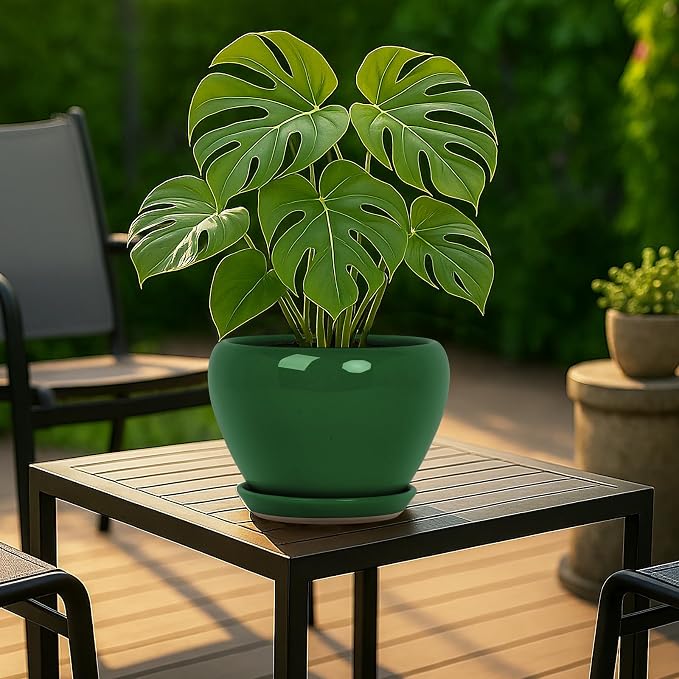 Deep Dream 8 Inch Plant Pots- Ceramic Pots for Plants with Drainage Hole and Saucer, Large Planter Pot for Indoor Plants Outdoor Decor, Green