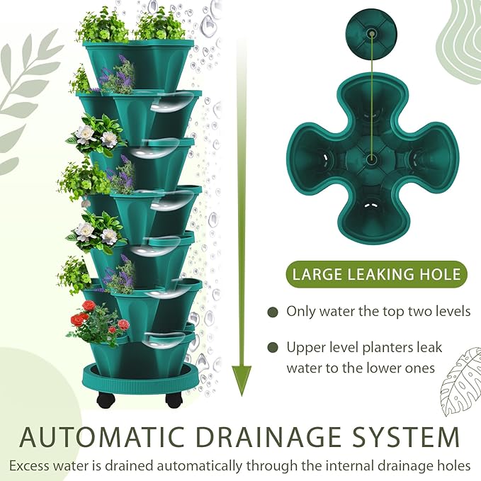 Umigy 1 Set Dark Green 7 Tier Vertical Planter Stackable Tower Planters Strawberry Herb Flower and Vegetable Pots Indoor Outdoor Gardening Pots with Removable Wheels and Tools