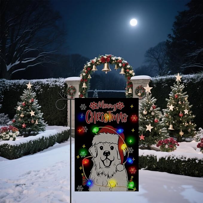 Christmas Dog Garden Flag - Led Great Pyrenees Christmas Decor for Outside, Welcome Garden Flags Double-Sided for Seasonal Winter Farmhouse Yard Lawn Decoration Gifts 12x18 inches
