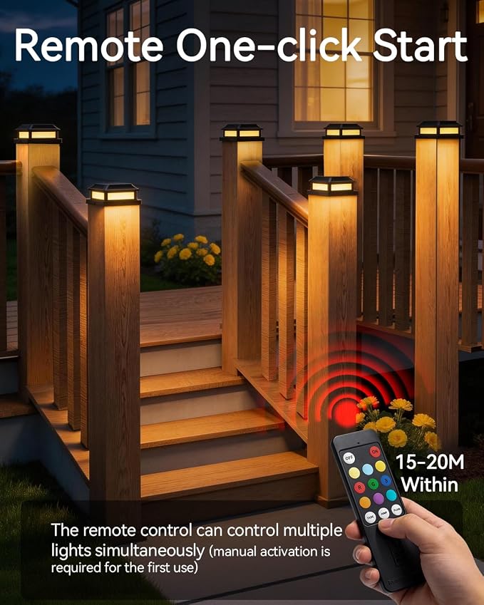 Solar Post Cap Lights with Remote 12 Pack, 9 Colors 3 Modes Changing Solar Deck Lights Outdoor Waterproof, 4x4 Post Solar Lights Fits 4x4/5x5 Wood/Vinyl Fence Deck Posts,Backyard,Garden,Fence