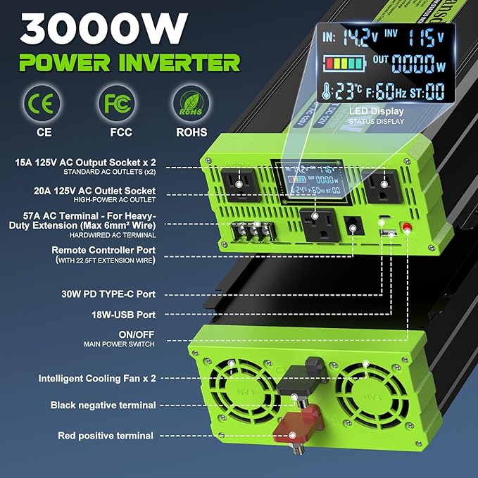 Vansdon 3000W Pure Sine Wave Inverter 12V DC to 120V AC Power Inverters for RV,Truck, Solar, Home, Off-Grid, Car with LCD Display, 3 AC Outlet, 30W USB-C, 5V 2.1A USB,Remote Control, Surge 6000W