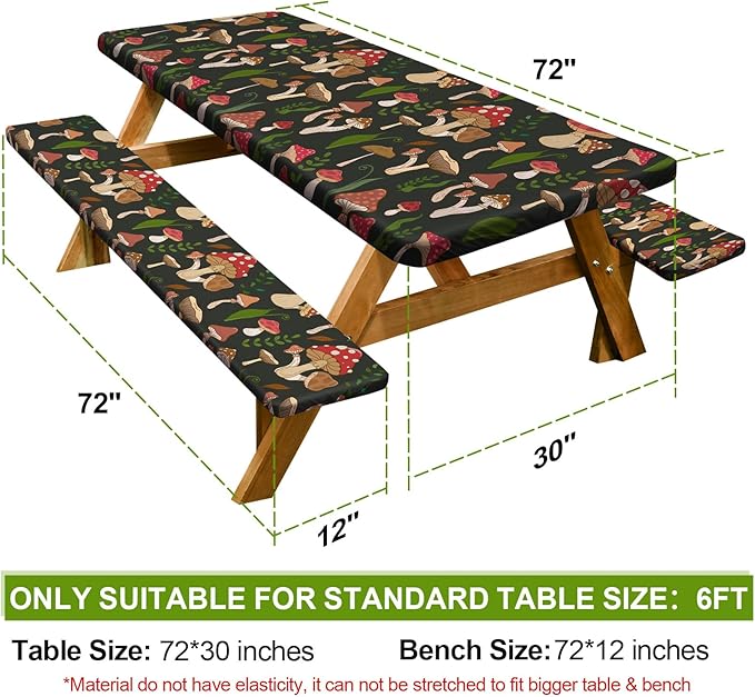 Play Tailor Picnic Table Cover with Bench Covers Camping Essentials Waterproof Windproof Camping Tablecloth with Drawstring Bag, Fitted Rectangle Tables and Seats, 72in, Black Red