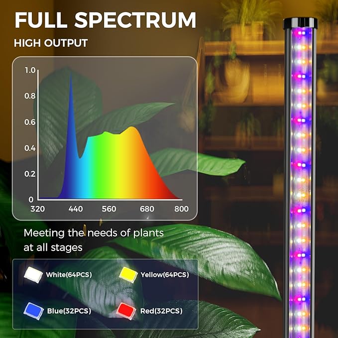 Grow Lights for Indoor Plants, 44W 192 Led Full Spectrum Plant Light, 5.4FT Adjustable Length Standing Grow Light with Timer/Six Leg Base for Greenhouse/Garden