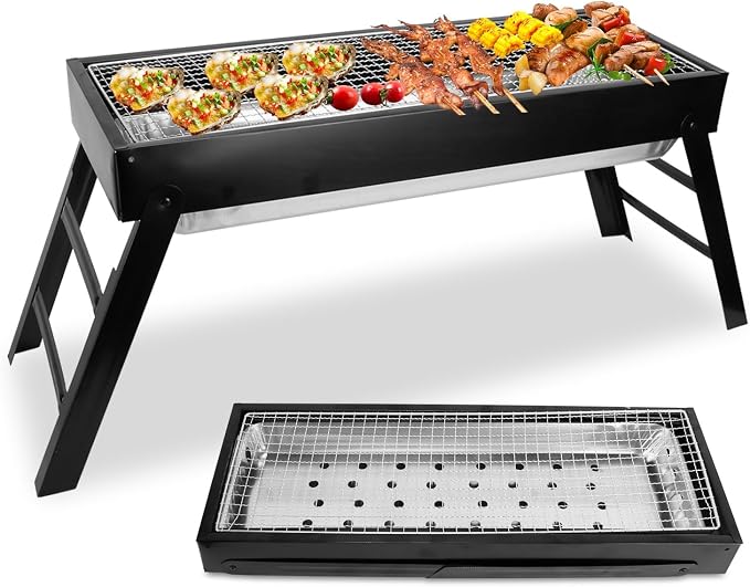 Foldable Charcoal Grill, Portable BBQ Grill with Stainless Steel Grill Net, Easy Setup Tabletop Barbecue for Camping Picnic Outdoor Party Backyard (22 x 9 x12in)
