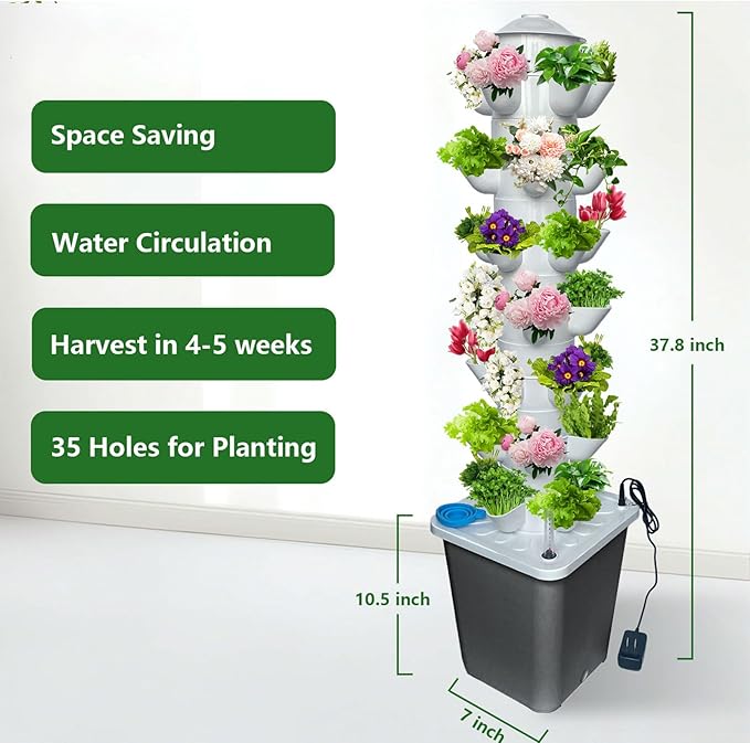 35 Pots Hydroponic Tower, Hydroponics Growing System Tower, Vertical Tower Planter, Pump Tower with Timer Automatic Watering, Irrigation Pump and Movable Water Tank, for Hydroponic Lovers, Grey