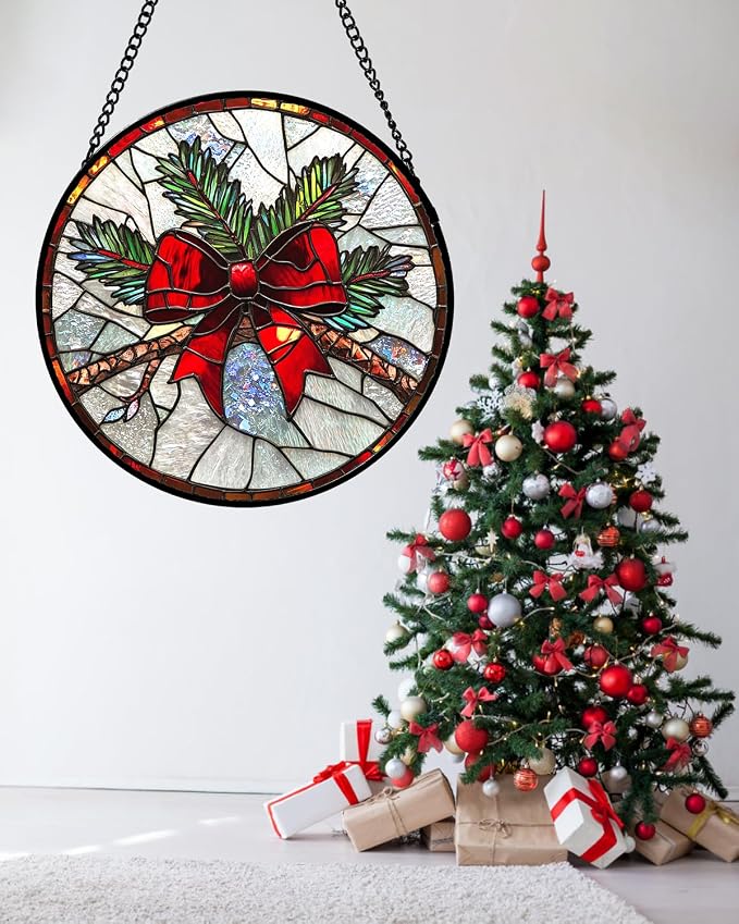 DASTOLL Stained Glass Window Hanging - Pine Branches Red Bow Suncatcher for Doors Home Christmas Decoration Silver Sun Catcher Thanksgiving New Year Birthday Gifts for Women Men Mom Nana 9.8 in