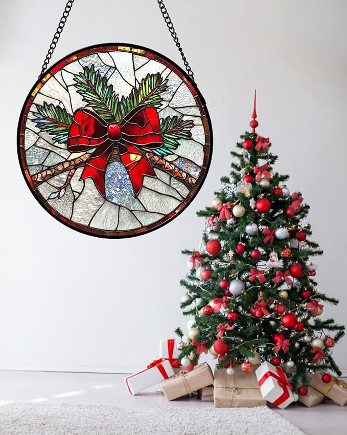 DASTOLL Stained Glass Window Hanging - Pine Branches Red Bow Suncatcher for Doors Home Christmas Decoration Silver Sun Catcher Thanksgiving New Year Birthday Gifts for Women Men Mom Nana 15 in