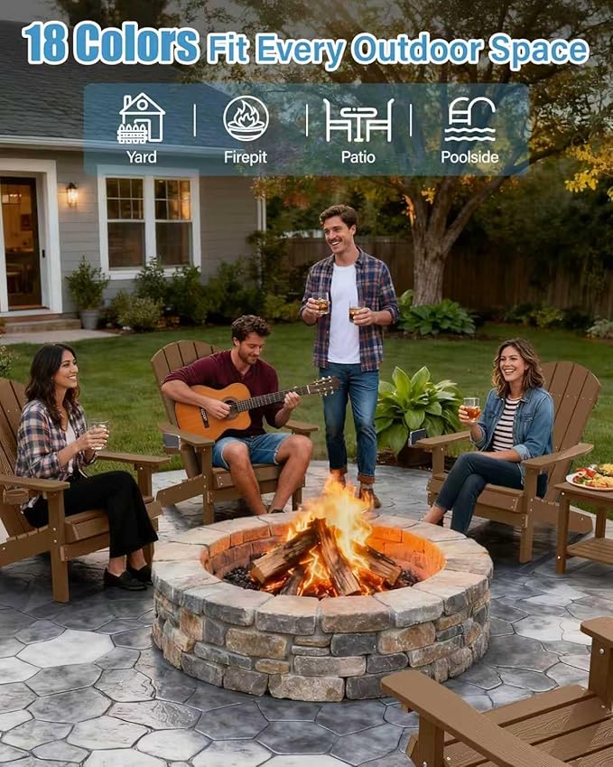 YEFU Adirondack Chair Weather Resistant: Outdoor Chair HIPS Plastic Adirondack Chairs - Patio Chairs with Cup Holder & Wood Texture - Lawn Fire Pit Deck Porch Garden Chairs for Adults (Teak)