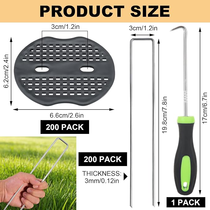8 Inch Landscape Staples Set, 200Pcs U-Shaped Landscape Staples and 200Pcs Fixing Gasket with 1 Pcs Pick Hook for Weed Fabric & Landscaping 100 Pack