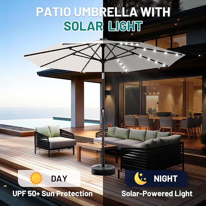 AreShark 9FT Patio Umbrella with Solar Lights, 32 Lighted Pool Umbrella w/Tilt and Crank, Outdoor Market Solar Umbrellas for Garden, Deck, Backyard, Pool and Beach, Cream-White