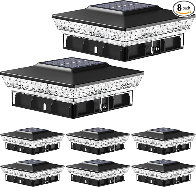 btfarm 8 Pack Solar Post Cap Lights Outdoor, 2 Color Modes 16 LED Fence Post Lights Fit 4x4 3.5x3.5 Wooden/Vinyl, Bright Waterproof Solar Powered Deck Lighting Outside for Patio Porch Garden, Black