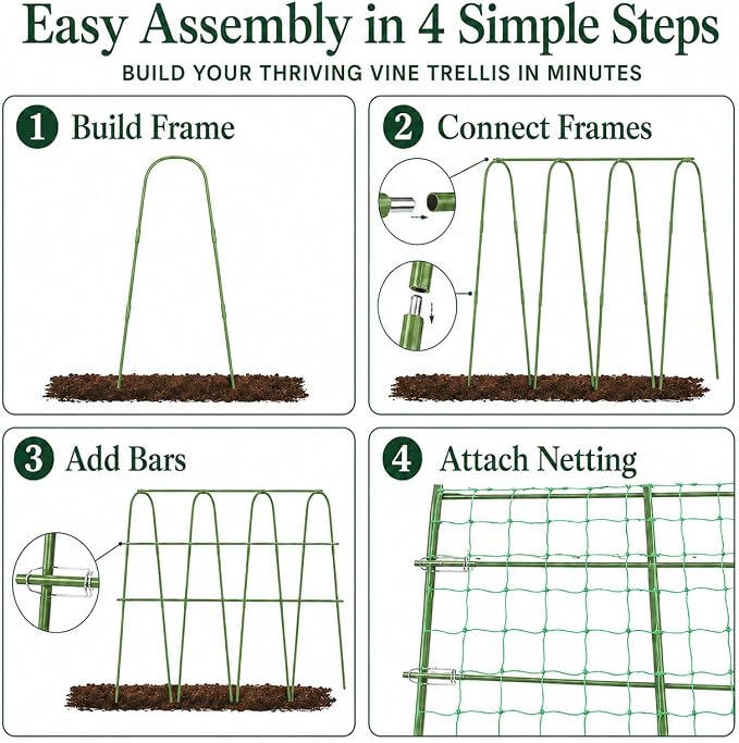FOLLOOK Cucumber Trellis for Raised Garden Bed, Rustproof Metal Garden Arch Trellis for Climbing Plants Support Outdoor Fruit Grape Vine Vegetable Tomato Bean Pea Trellis, 63x48inch, Green