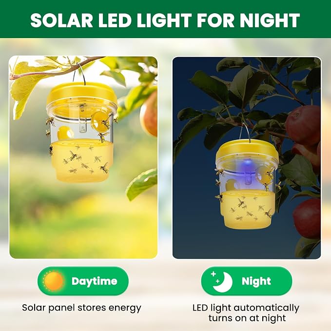 Wasp Trap, Solar Wasp Traps Outdoor Hanging, Reusable Yellow Jacket Hornet Trap with LED Light for Outside Garden, Patio, Orchard, Camping