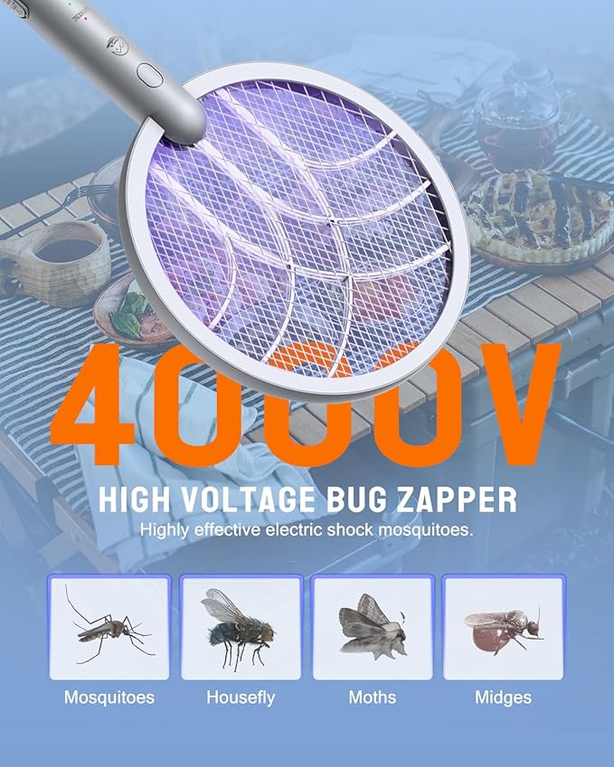 Mosiller Electric Fly Swatter Racket, 4000V Bug Zapper with 1800mah Rechargeable Battery & Dual Modes, 2 in 1 Purple Mosquito Light Killer with 3-Layer Safety Mesh for Indoor Home Patio Camp(2 Pack)