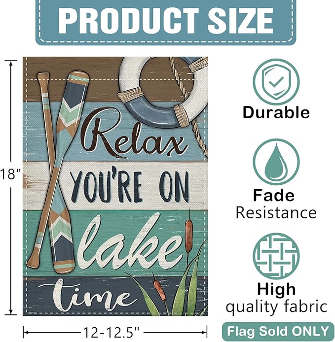 Dyrenson Relax You're on Lake Time Theme Decorative Garden Flag, Spring Summer Lakehouse Paddle Life Buoy Yard Outside Home Decorations, Farmhouse Burlap Outdoor Small Decor Double Sided 12 x 18