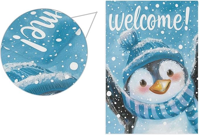 Pfrewn Christmas Winter House Flag 28x40 Double Sided Penguin in Blue Hat Snowy Garden Yard Flags Welcome Winter Outdoor Indoor Banner for Party Home Merry Christmas Xmas Decorations