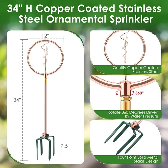 34" H Copper Coated Stainless Steel Ornamental Sprinkler, Corrosion Resistant Garden Rotating Sprinkler 360 Degree Shape Decorative for Lawn Garden Landscape(Wave Spiral)