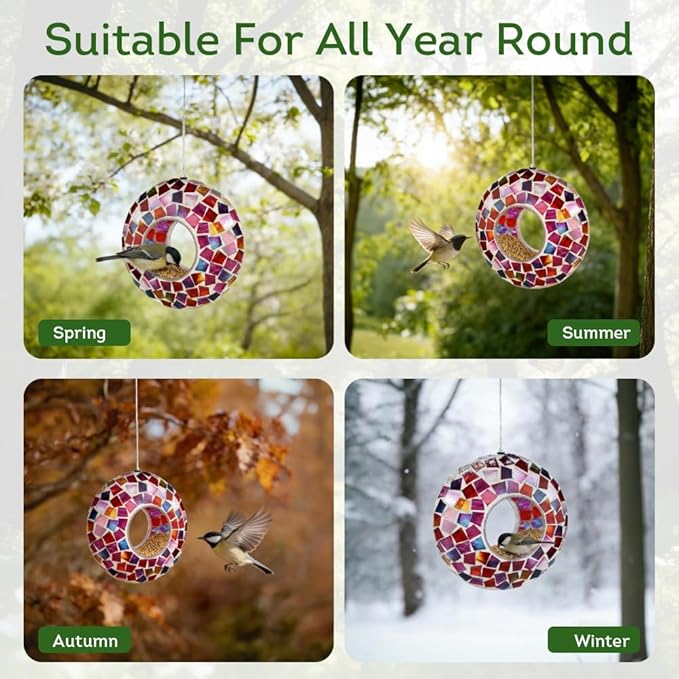 Lily's Home 6 Inches Glass Mosaic Hanging Bird Feeder for Outdoors Fly-Through Large Bird Feeder for Outdoor Garden Decor Backyard, Excellent Gift for Animals Lovers, Purple, Pink and Red