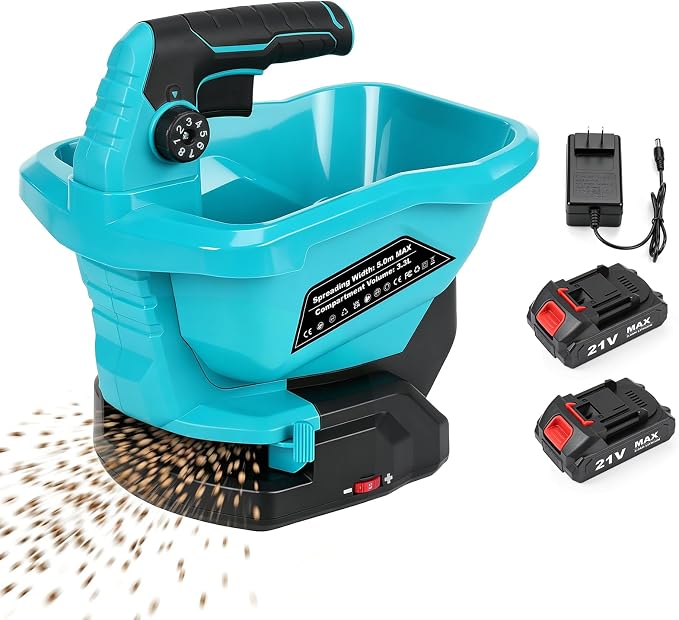 Power Seed Spreader Handheld with Battery 2X 2000mAh 20V, Cordless Grass Seed Spreader Available Year-Round, Electric Lawn Spreader for Fertilizer, Grass Seed, Salt, Ice Melt, Feed