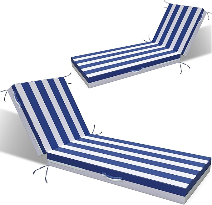 L'AGRATY Outdoor Lounge Chaise Cushion: 72x21x3 Inch Waterproof Lounge Chair Cushion for Outdoor Furniture with Fade Resistant Removable Cover - Patio Cushions for Pool Lawn Deck(Navyblue White 2Pcs)