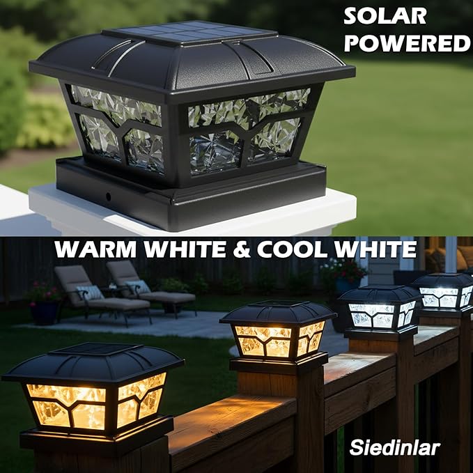 SIEDiNLAR Solar Post Cap Lights Outdoor 2 Color Modes 8 LEDs for 4x4 5x5 6x6 Posts Fence Patio Deck Decoration Warm White & Cool White Lighting Black (6 Pack)