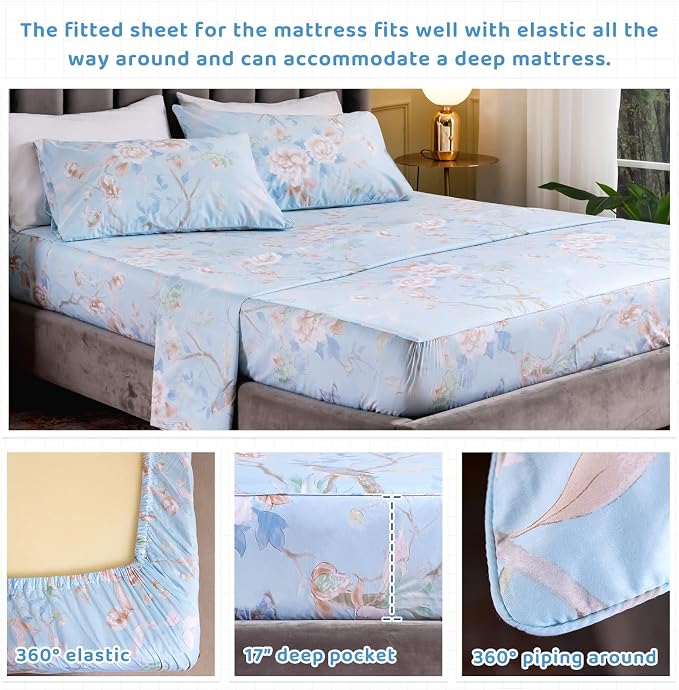QSH Floral Bed Sheets Set Queen Size - Luxury Bird Butterfly Print Bed Sheet Set - 100% Egyptian Cotton Extra Soft and Breathable - 4 pcs Deep Pockets Flower Bed Sheets
