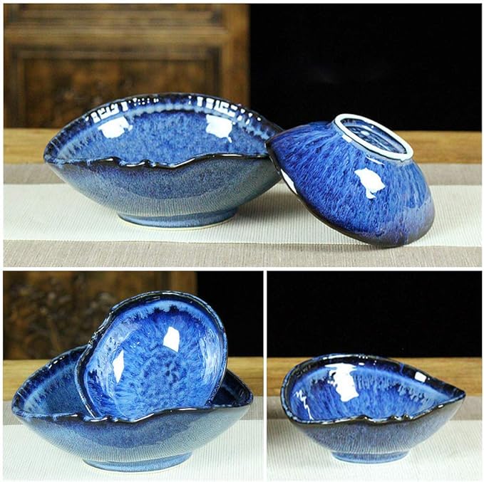 WANDIC Floral Arranging Vase, Blue Irregular Oval Shape Ceramic Ikebana Vases with 3.5cm Mini Round Flower Frog for Ikebana Floral Arrangement Art Home Decor